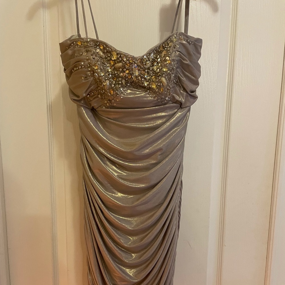 LM Collection Gold Metallic Ruched Dress w Jewels